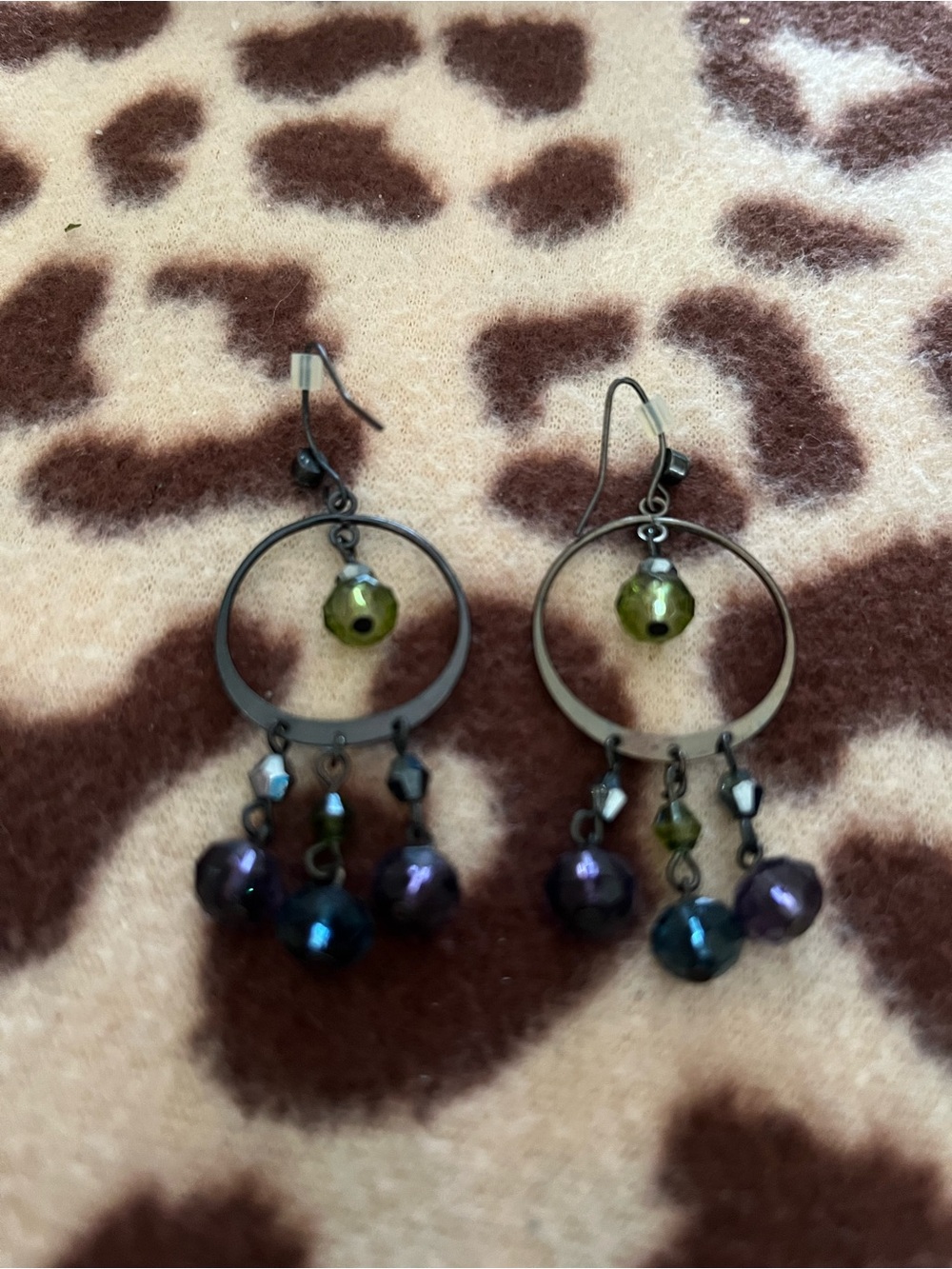 Black Hoop Dangle Earrings with Olive and Iridescent Beads